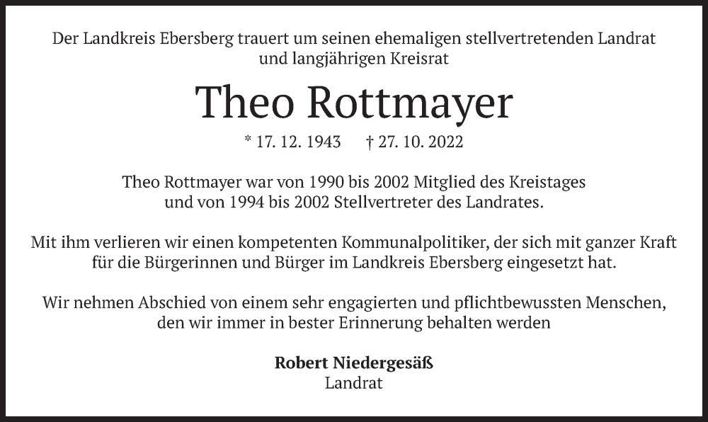  Traueranzeige für Theo Rottmayer vom 05.11.2022 aus merkurtz