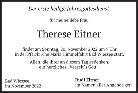 Traueranzeige von Therese Eitner von merkurtz