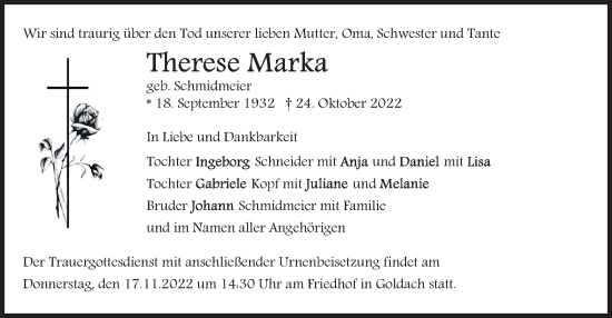 Traueranzeige von Therese Marka von merkurtz