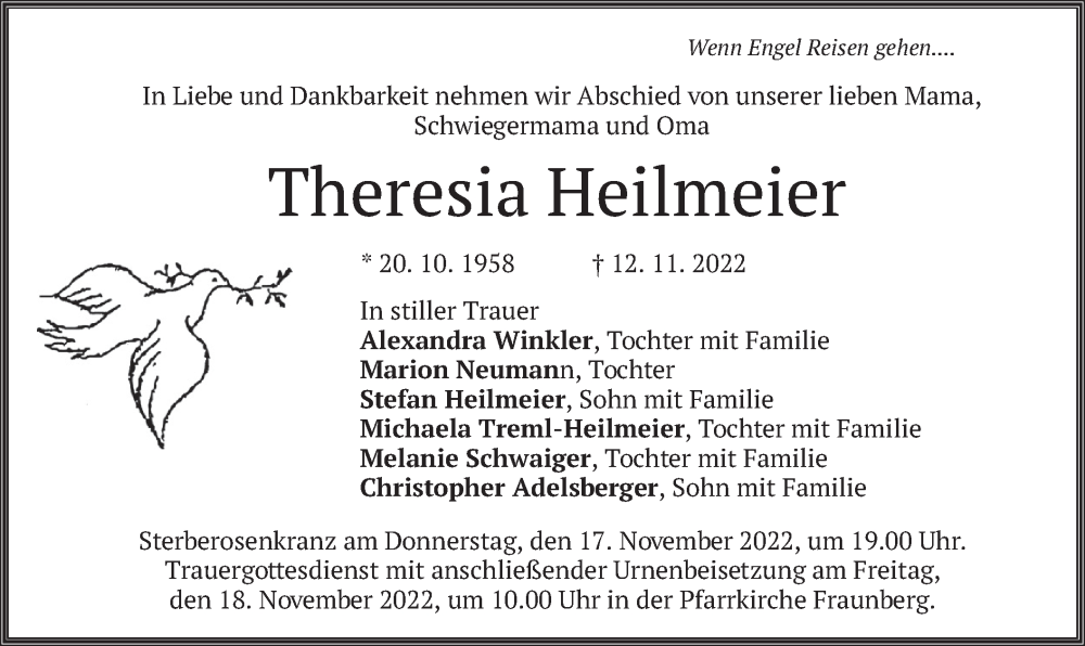  Traueranzeige für Theresia Heilmeier vom 16.11.2022 aus merkurtz