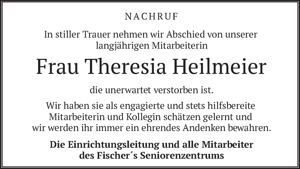 Traueranzeige für Theresia Heilmeier vom 17.11.2022 aus merkurtz