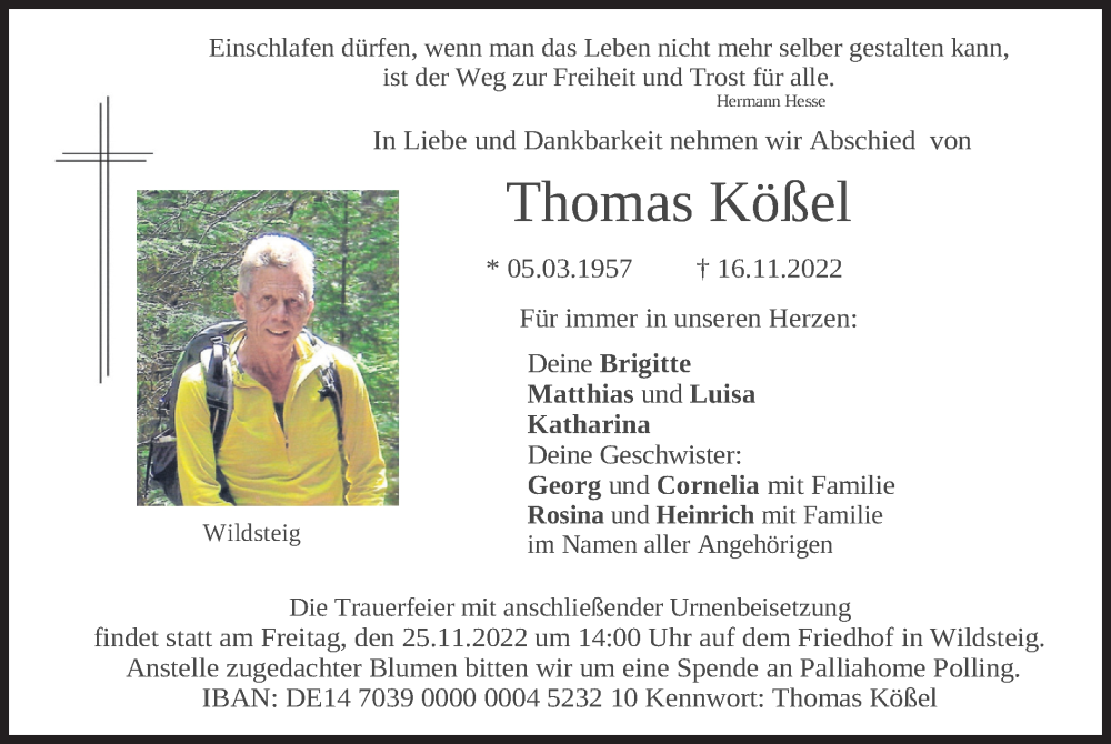  Traueranzeige für Thomas Kößel vom 21.11.2022 aus merkurtz