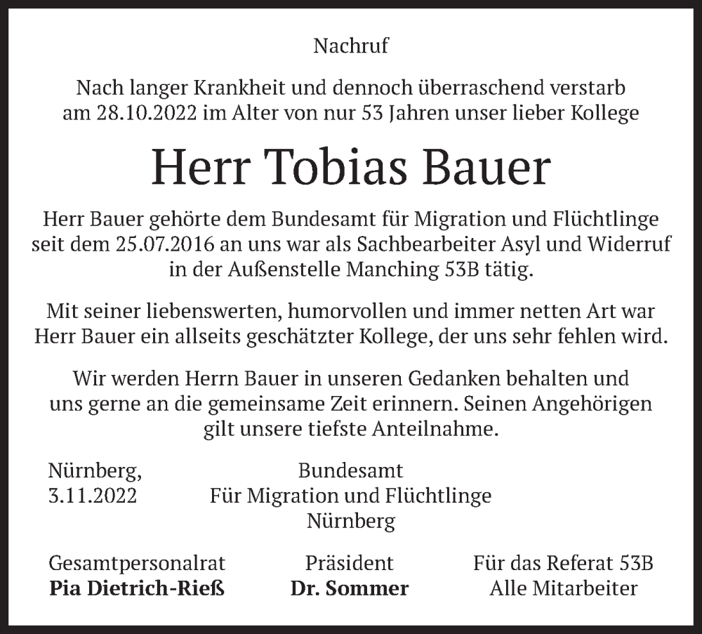  Traueranzeige für Tobias Bauer vom 04.11.2022 aus merkurtz