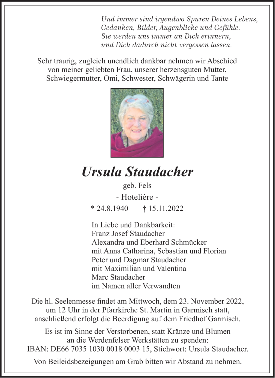 Traueranzeige von Ursula Staudacher von merkurtz