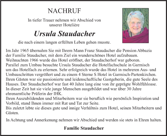 Traueranzeige von Ursula Staudacher von merkurtz