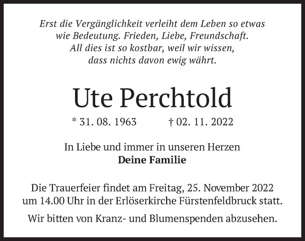  Traueranzeige für Ute Perchtold vom 12.11.2022 aus merkurtz