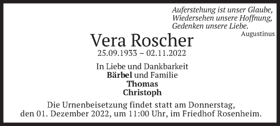 Traueranzeige von Vera Roscher von merkurtz