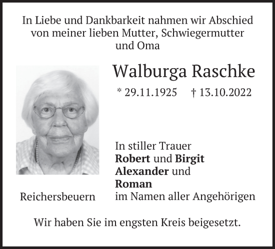 Traueranzeige von Walburga Raschke von merkurtz