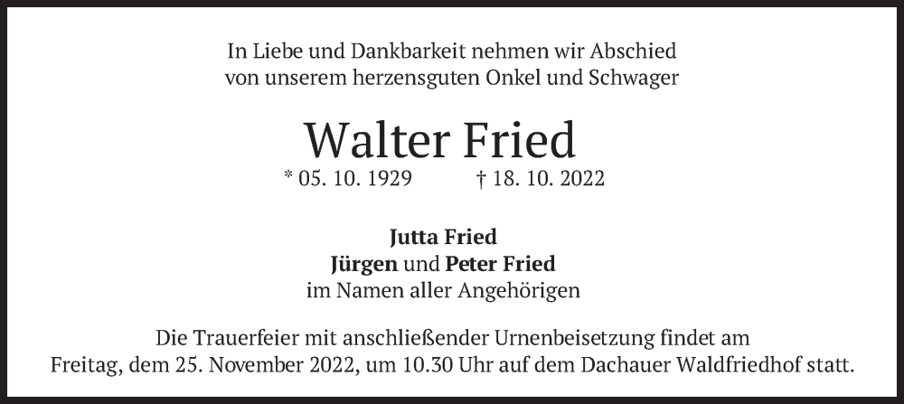  Traueranzeige für Walter Fried vom 19.11.2022 aus merkurtz