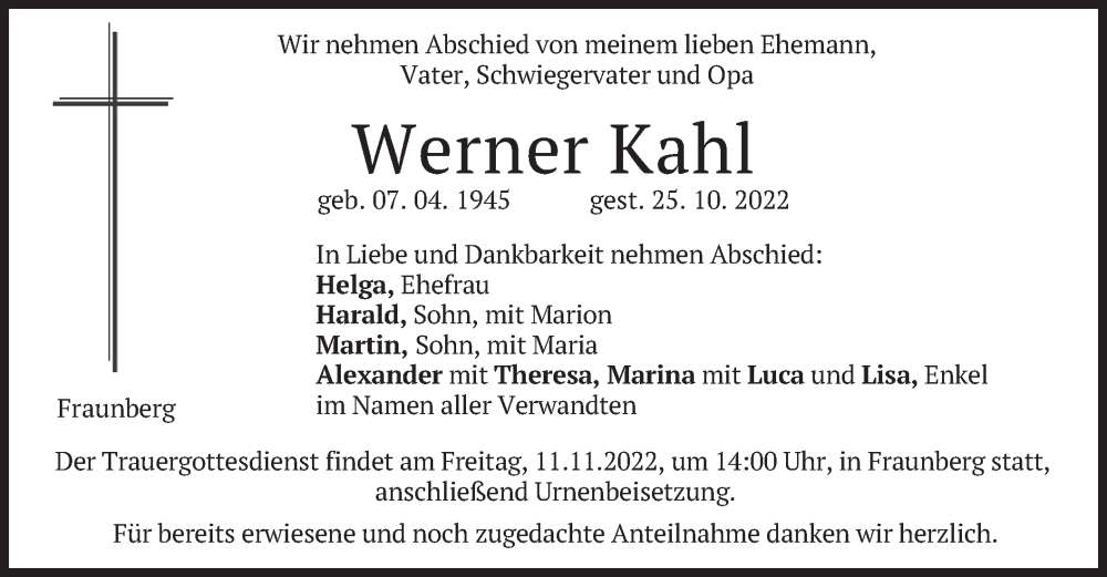  Traueranzeige für Werner Kahl vom 09.11.2022 aus merkurtz