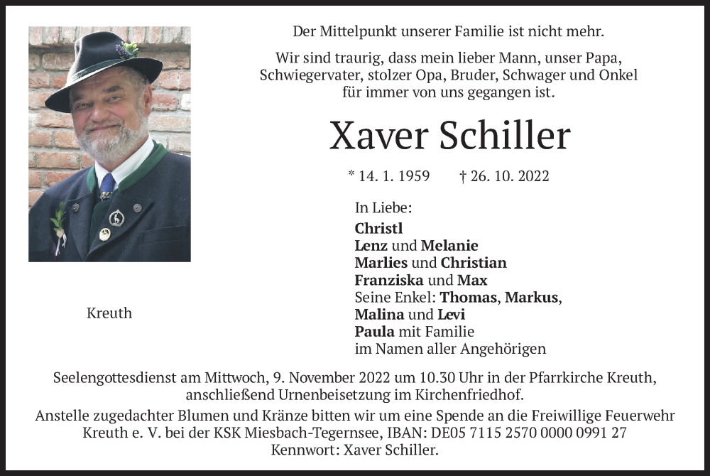  Traueranzeige für Xaver Schiller vom 05.11.2022 aus merkurtz