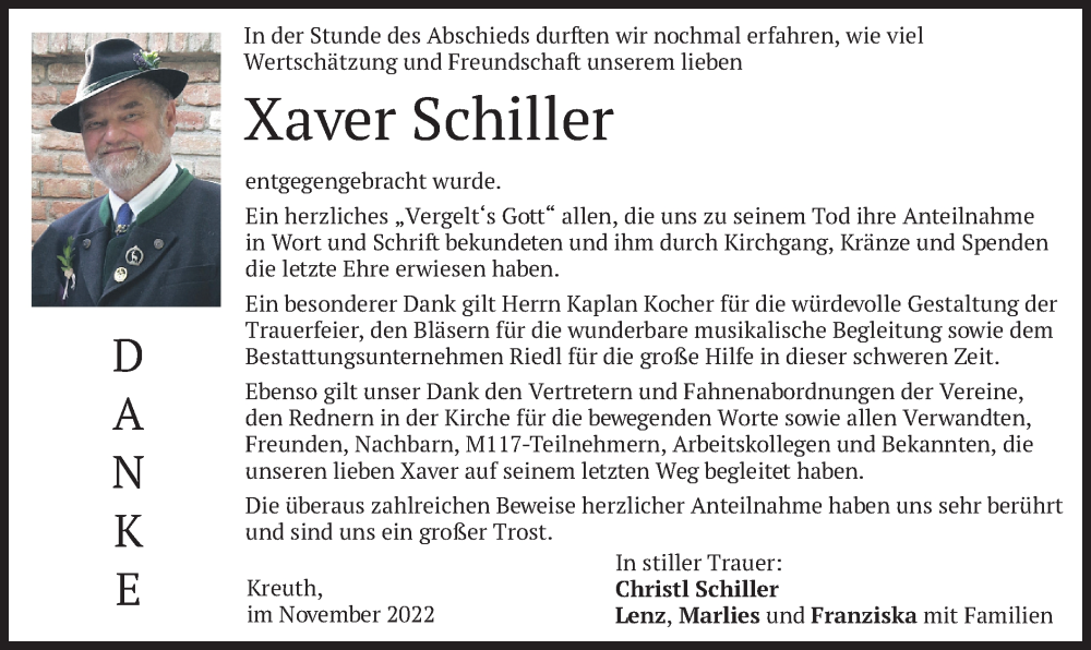  Traueranzeige für Xaver Schiller vom 19.11.2022 aus merkurtz