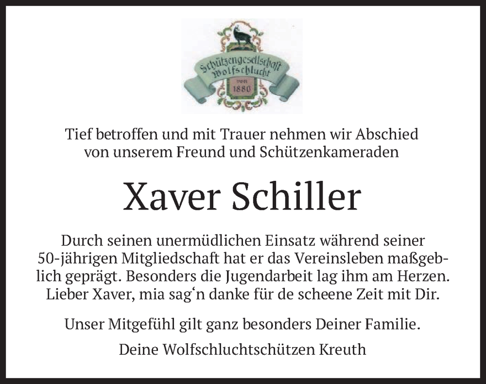  Traueranzeige für Xaver Schiller vom 05.11.2022 aus merkurtz