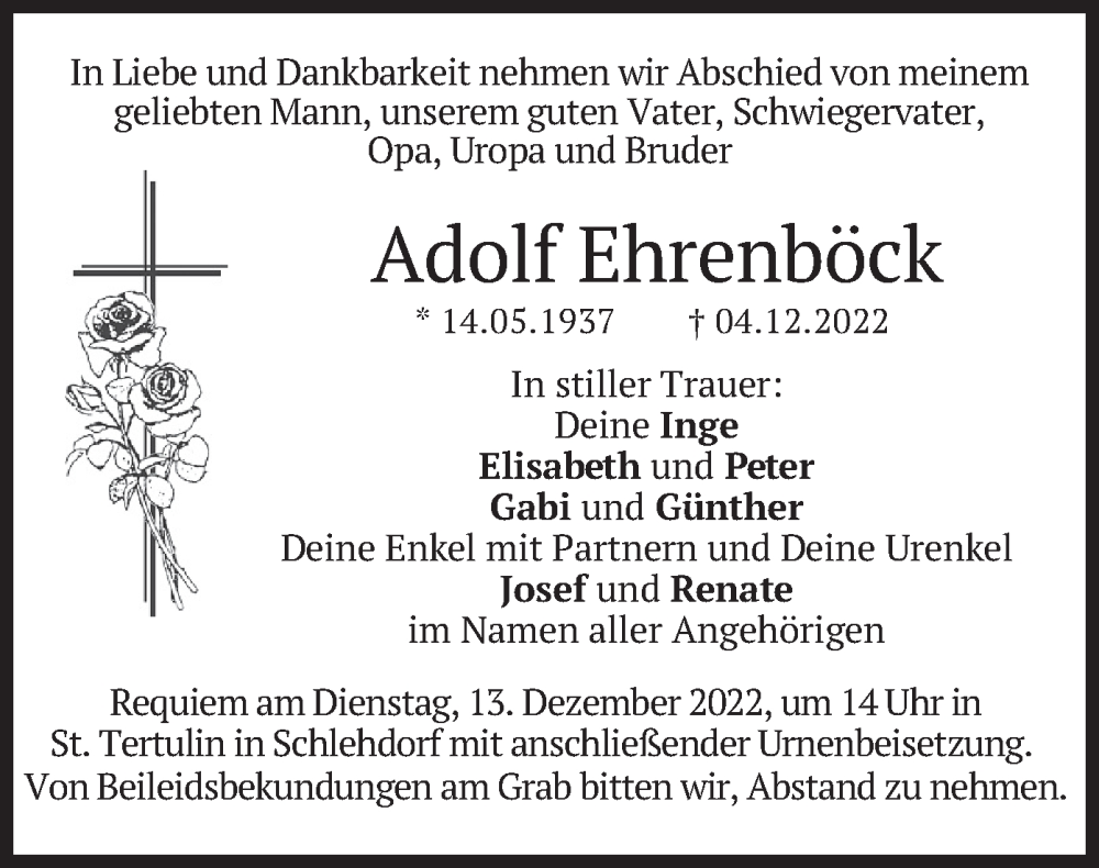  Traueranzeige für Adolf Ehrenböck vom 10.12.2022 aus merkurtz
