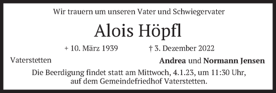 Traueranzeige von Alois Höpfl von merkurtz