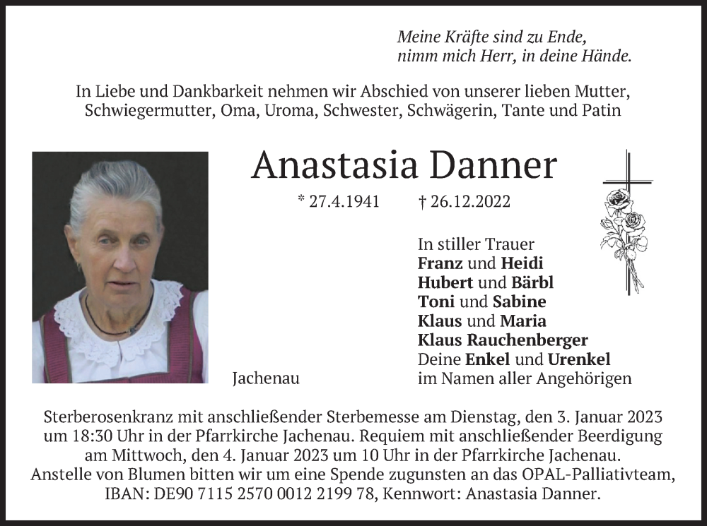  Traueranzeige für Anastasia Danner vom 31.12.2022 aus merkurtz