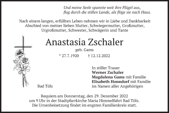 Traueranzeige von Anastasia Zschaler von merkurtz
