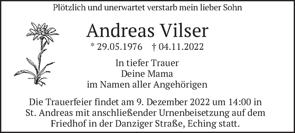  Traueranzeige für Andreas Vilser vom 03.12.2022 aus merkurtz