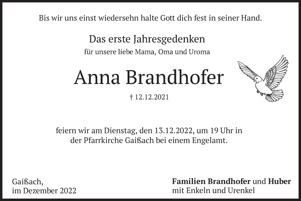  Traueranzeige für Anna Brandhofer vom 12.12.2022 aus merkurtz