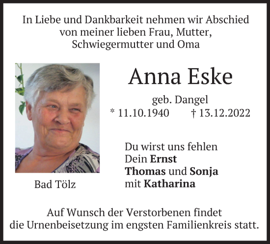 Traueranzeige von Anna Eske von merkurtz