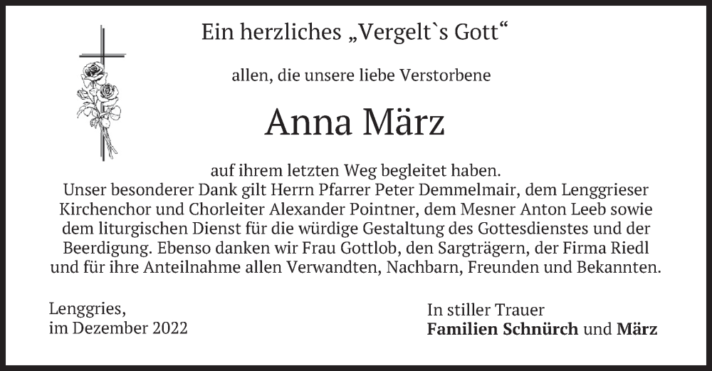  Traueranzeige für Anna März vom 30.12.2022 aus merkurtz