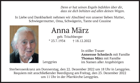 Traueranzeige von Anna März von merkurtz