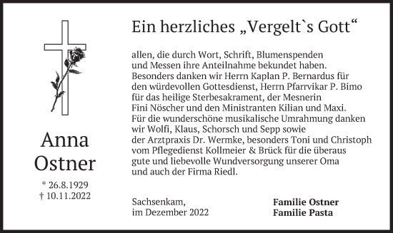 Traueranzeige von Anna Ostner von merkurtz