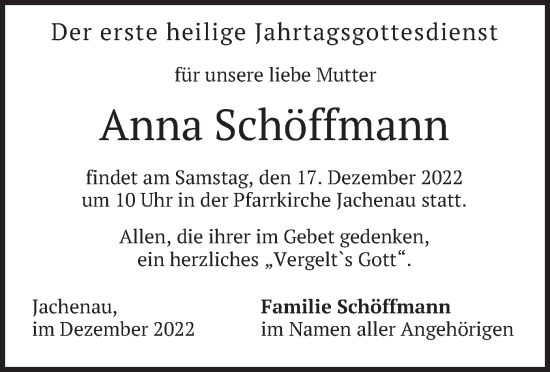 Traueranzeige von Anna Schöffmann von merkurtz