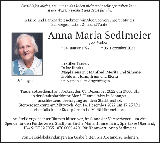 Traueranzeige von Anna Maria Sedlmeier von merkurtz