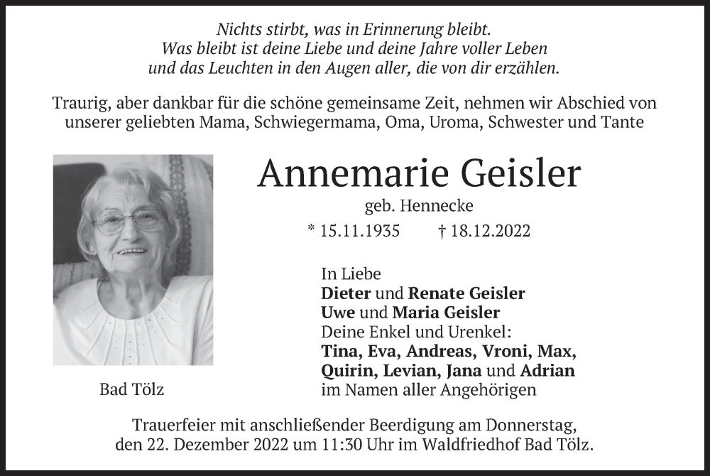 Traueranzeigen von Annemarie Geisler | trauer.merkur.de