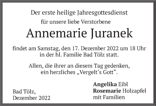 Traueranzeige von Annemarie Juranek von merkurtz