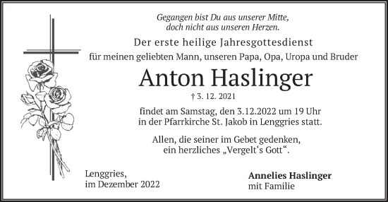 Traueranzeige von Anton Haslinger von merkurtz