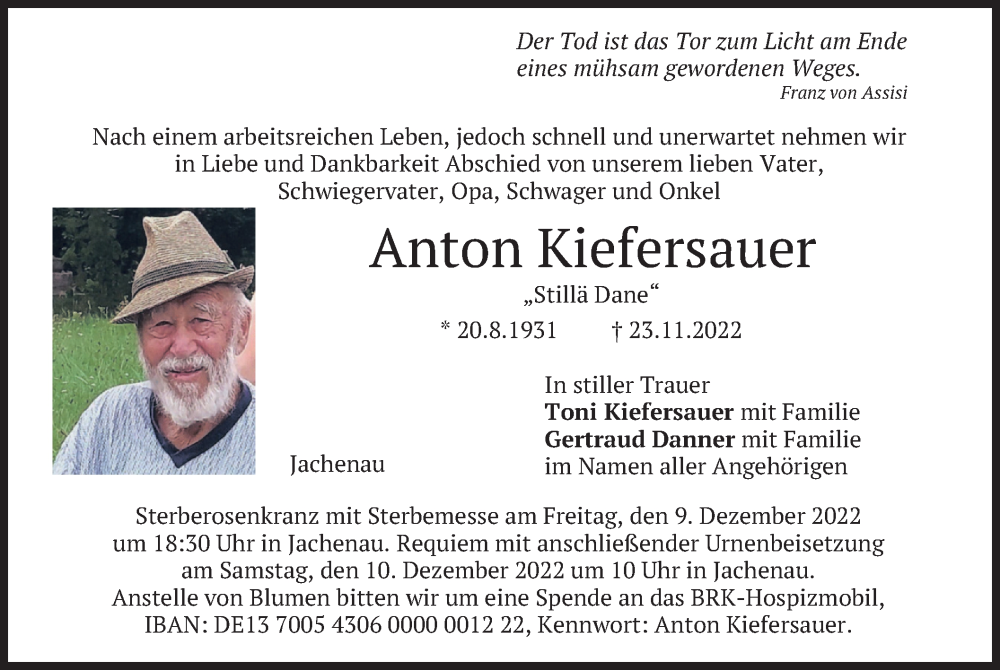  Traueranzeige für Anton Kiefersauer vom 07.12.2022 aus merkurtz