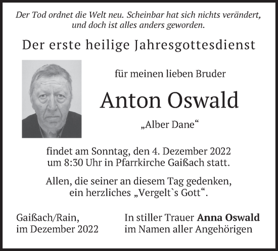 Traueranzeige von Anton Oswald von merkurtz