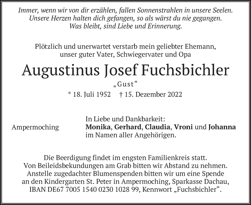  Traueranzeige für Augustinus Josef Fuchsbichler vom 21.12.2022 aus merkurtz