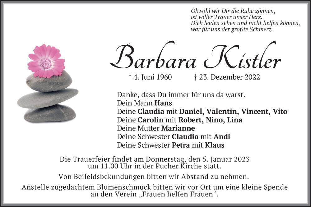  Traueranzeige für Barbara Kistler vom 30.12.2022 aus merkurtz