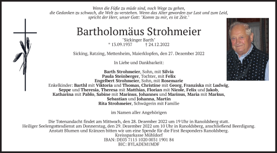 Traueranzeige von Bartholomäus Strohmeier von merkurtz