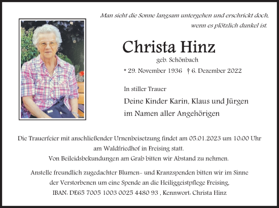 Traueranzeige von Christa Hinz von merkurtz
