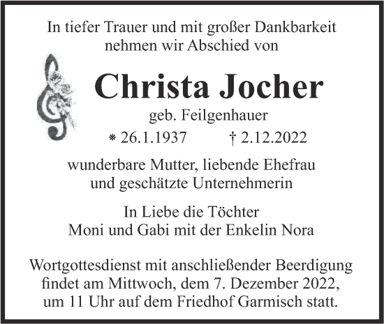 Traueranzeige von Christa Jocher von merkurtz
