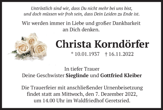 Traueranzeige von Christa Korndörfer von merkurtz