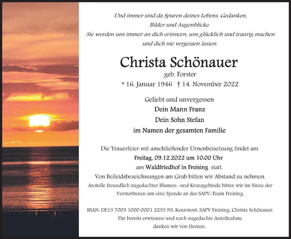  Traueranzeige für Christa Schönauer vom 03.12.2022 aus merkurtz