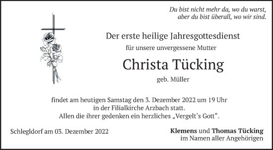Traueranzeige von Christa Tücking von merkurtz