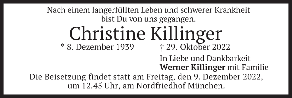  Traueranzeige für Christine Killinger vom 03.12.2022 aus merkurtz