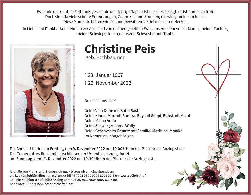  Traueranzeige für Christine Peis vom 03.12.2022 aus merkurtz
