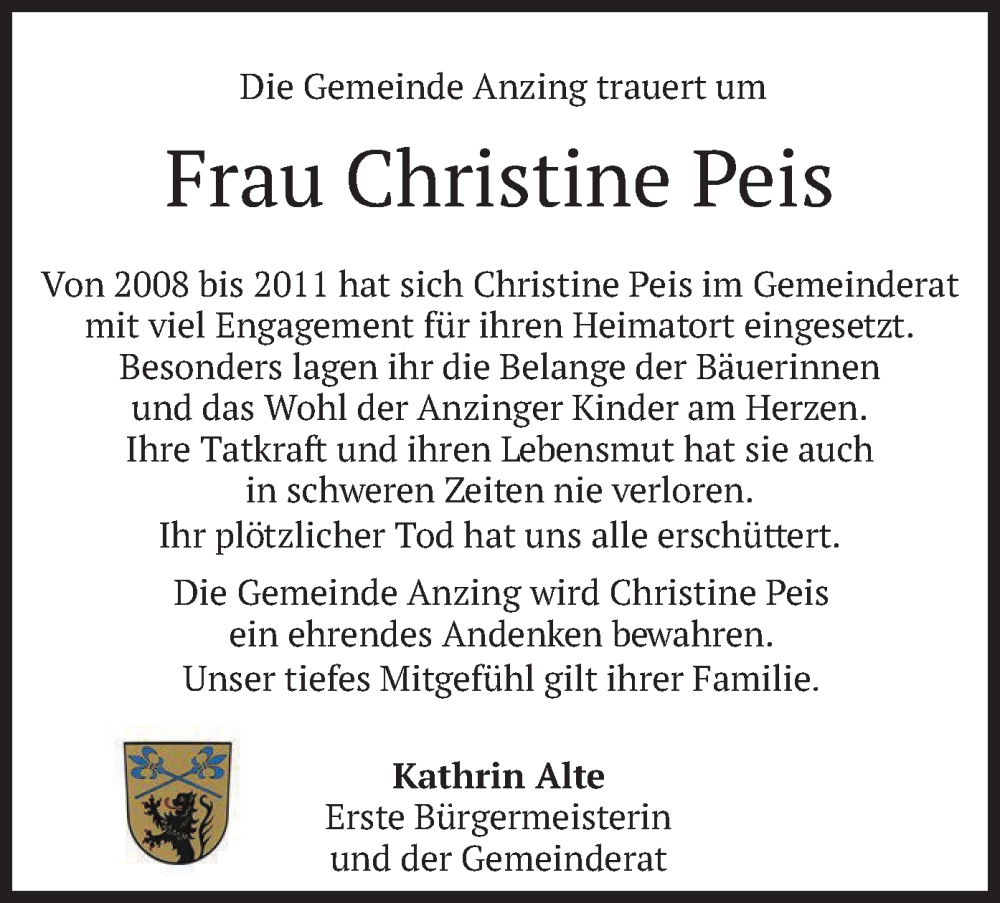  Traueranzeige für Christine Peis vom 09.12.2022 aus merkurtz