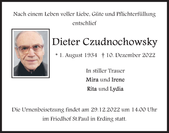 Traueranzeige von Dieter Czudnochowsky von merkurtz