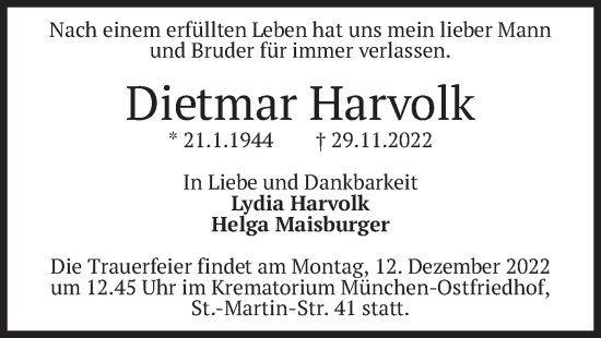 Traueranzeige von Dietmar Harvolk von merkurtz