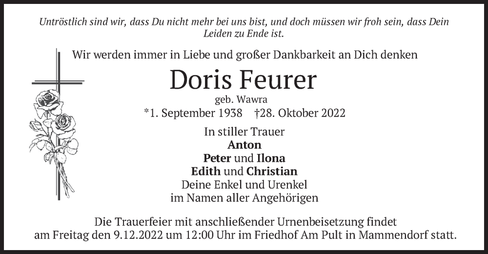  Traueranzeige für Doris Feurer vom 03.12.2022 aus merkurtz