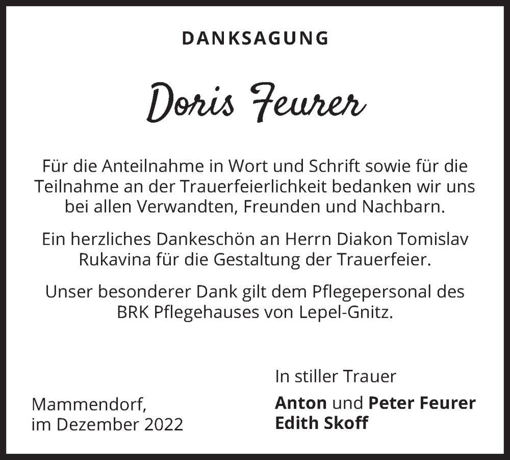  Traueranzeige für Doris Feurer vom 17.12.2022 aus merkurtz