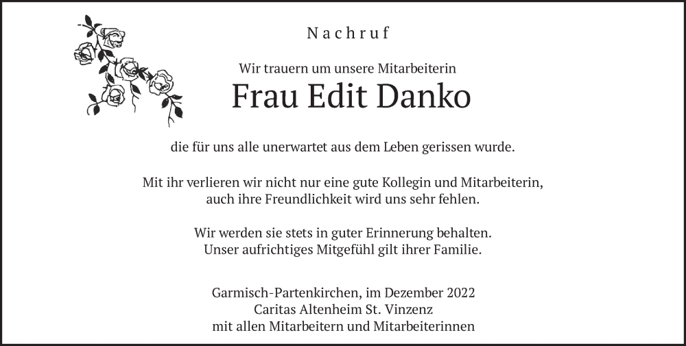  Traueranzeige für Edit Danko vom 23.12.2022 aus merkurtz